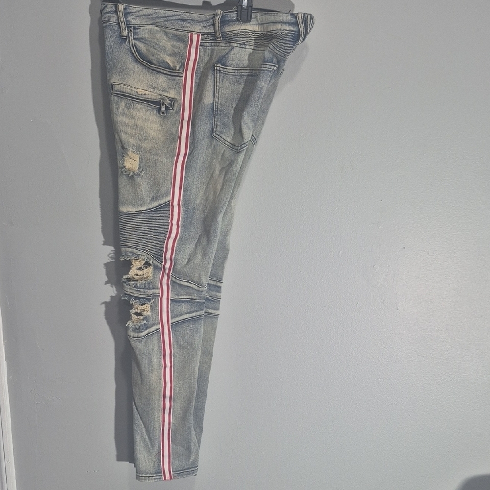 Rue21 Premium Blue Biker Denim Moto Jeans Skinny Supreme Flex Men's Size 34X32 - Picture 3 of 9